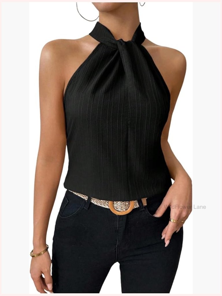 Twist Front Halter Blouse Pleated Sleeveless Going Out Top